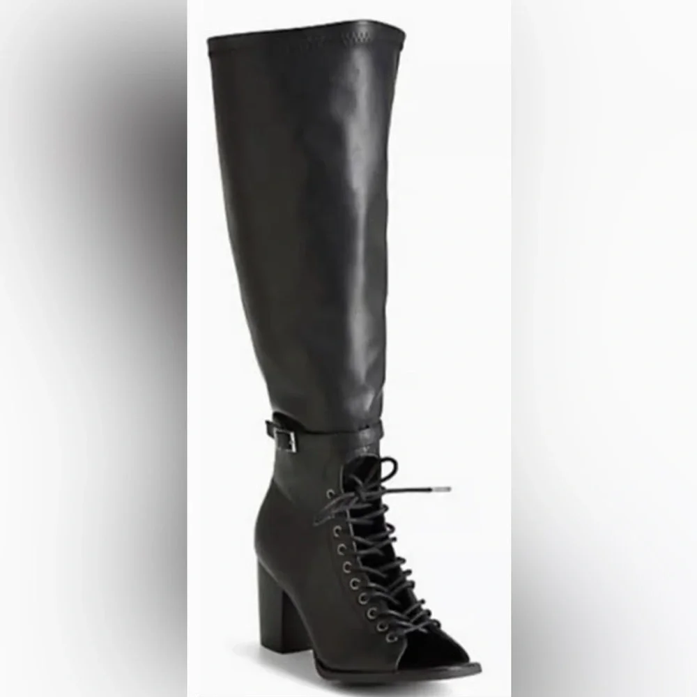 Black Peep Toe Knee-High Lace-Up Boots